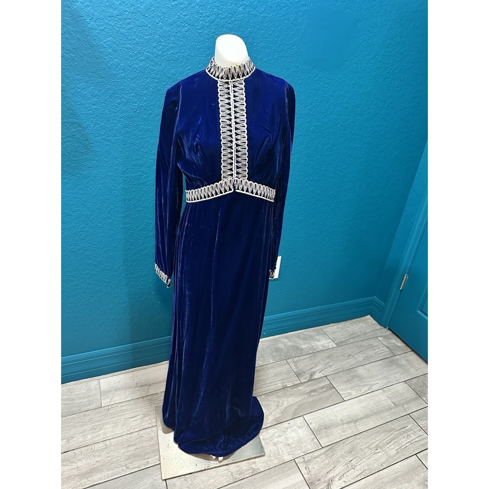 VTG 70s Blue Velvet‎ Lace Renaissance Maxi Dress Cottagecore 6 READ